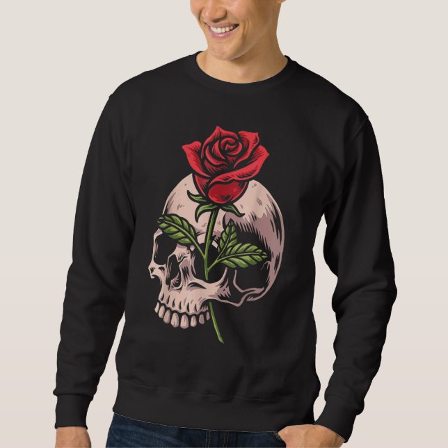 Dödskalle Och Röd Ros Gotisk Ockult Tatovering Emo Lång Ärmad Tröja (Framsida)