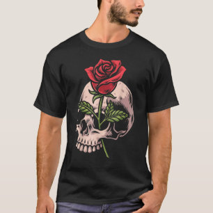 Dödskalle Och Röd Ros Gotisk Ockult Tatuering Emo  T Shirt