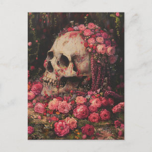 Dödskalle och rosa blommor vykort