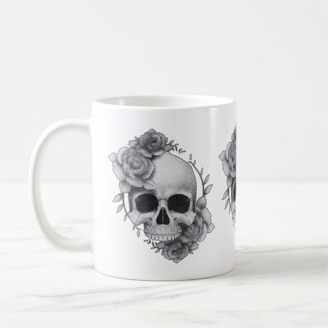 Dödskalle och rosor skiss kaffemugg (Vänster)