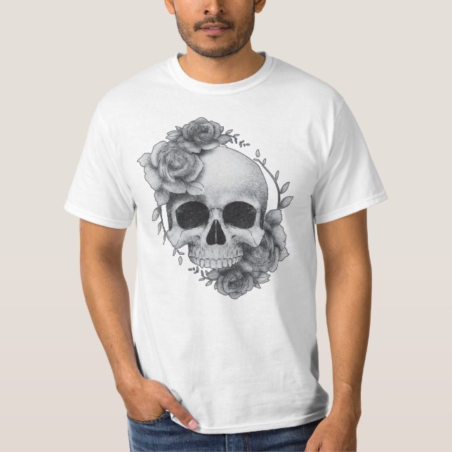 Dödskalle och rosor skiss t shirt (Framsida)
