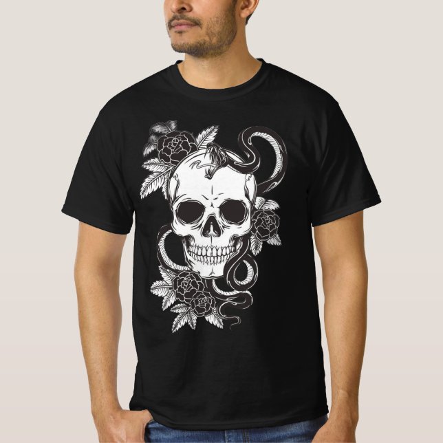 Dödskalle Ros och Orm T Shirt (Framsida)