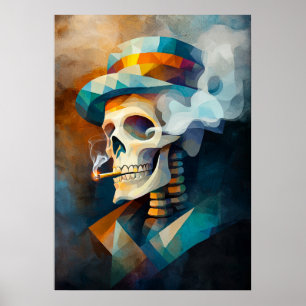 Dödskalle som röker en cigarett - Kubistisk minima Poster