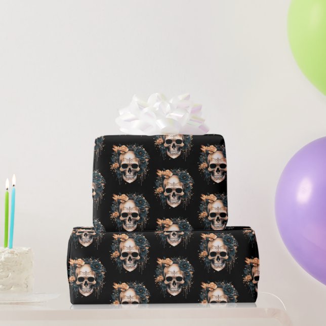 Dödskalle svart och guld blommor mönster Halloween Presentpapper (Festgåvor)