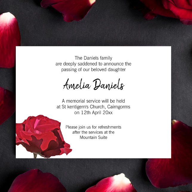 Dödskort med röd ros inbjudningar (Elegant funeral announcement cards with a single red rose.)