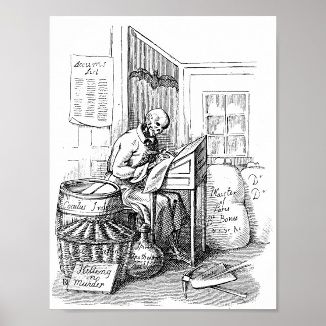 Dödsskeleton Skrivlista Macabre Horror Art Poster (Framsidan)