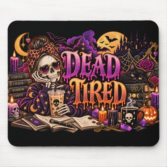 Dödstrött gotisk Halloween-skelett häxa kaffe Musmatta (Framsidan)