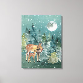 Doe and Fawn Hjort Full Moon Snowfall Canvastryck