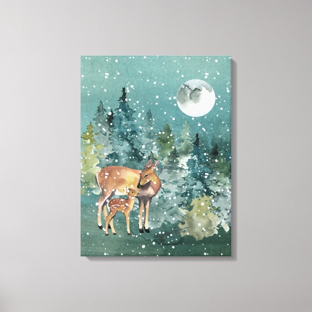 Doe and Fawn Hjort Full Moon Snowfall Canvastryck (Framsida)