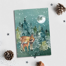Doe and Fawn Hjort Full Moon Snowfall Julkort
