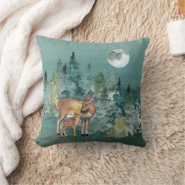 Doe and Fawn Hjort in Forest Full Moon Kudde
