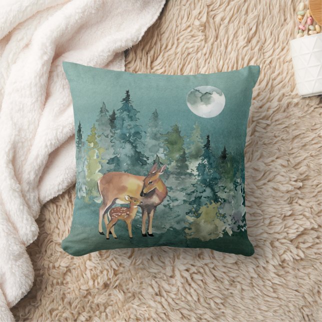 Doe and Fawn Hjort in Forest Full Moon Kudde (Filt)