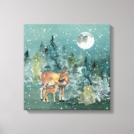 Doe and Fawn Hjort in Forest Full Moon Snowfall Canvastryck