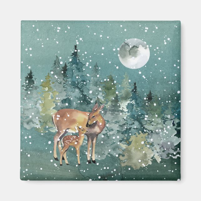 Doe and Fawn Hjort in Forest Full Moon Snowfall Magnet (Framsidan)