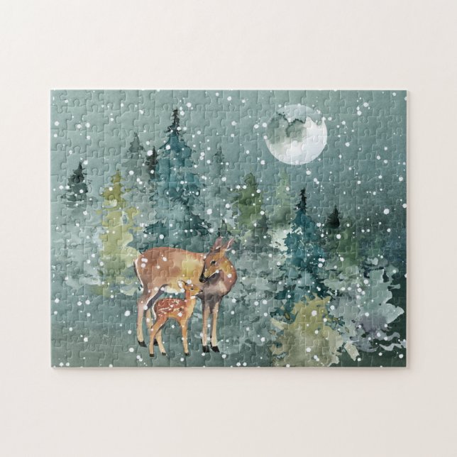 Doe and Fawn Hjort in Forest Full Moon Snowfall Pussel (Horisontell)