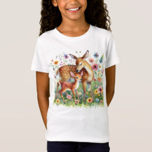 Doe Deer och Fawn Stående i Vildblommor Barn T Shirt