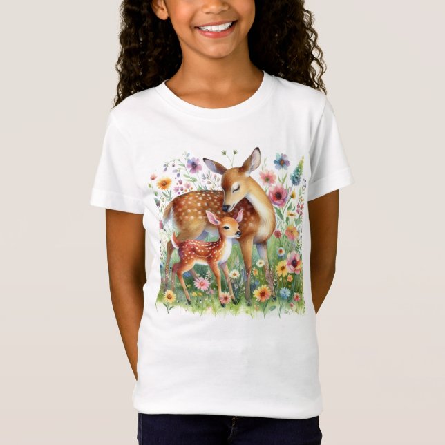 Doe Deer och Fawn Stående i Vildblommor Barn  T Shirt (Framsida)