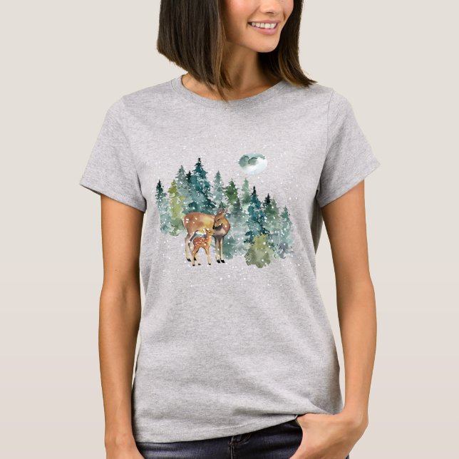 Doe Fawn Deer Skog Fullmåne Snöfall Jul T Shirt (Framsida)