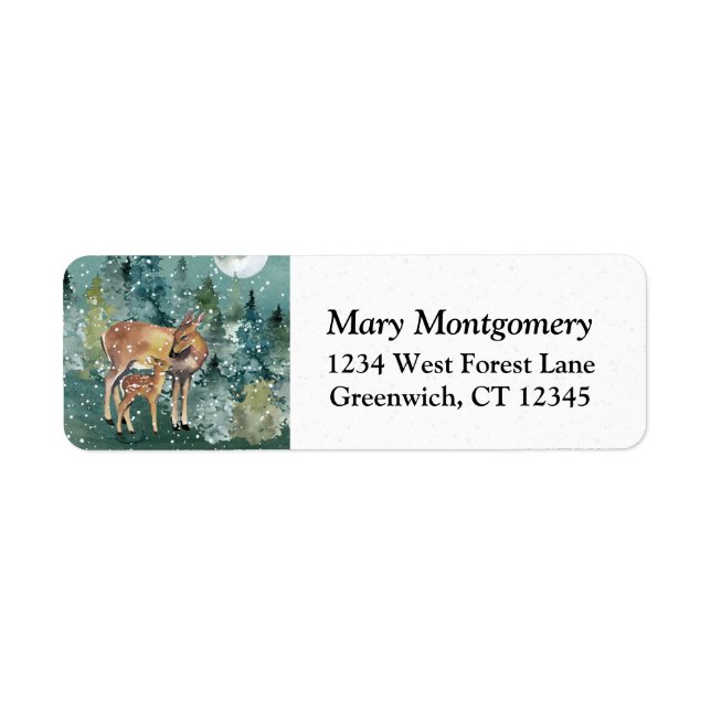 Doe Fawn Hjort Forest Full Moon Snö Returadress Etikett (Framsidan)