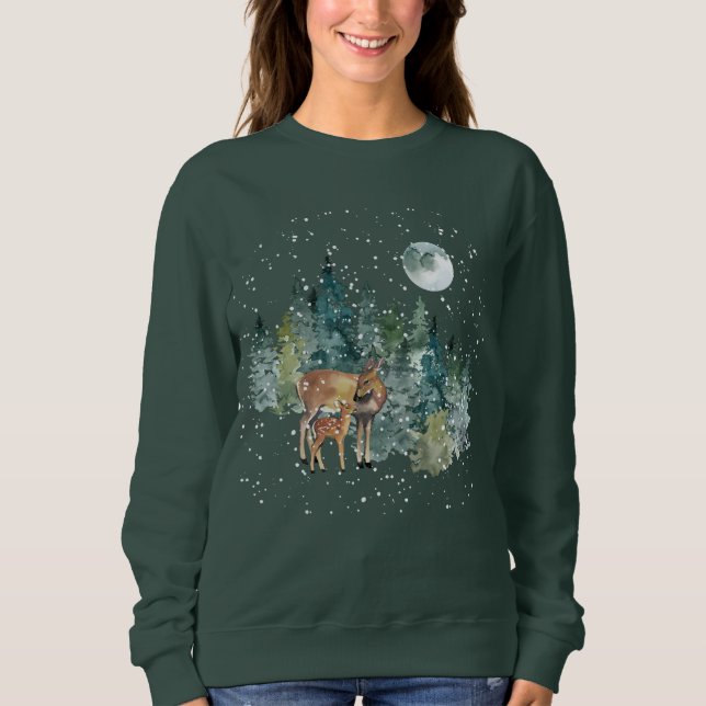 Doe Fawn Hjort Forest Full Moon Snowfall jul T Shirt (Framsida)