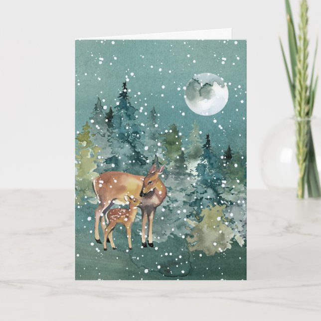 Doe Fawn Hjort Forest Full Moon Snowfall Watercolo Helgkort (Framsida)