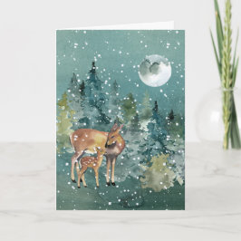 Doe Fawn Hjort Forest Full Moon Snowfall Watercolo Helgkort