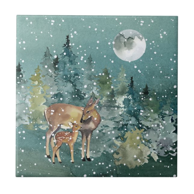 Doe Fawn Hjort Forest Full Moon Snowfall Watercolo Kakelplatta (Framsidan)
