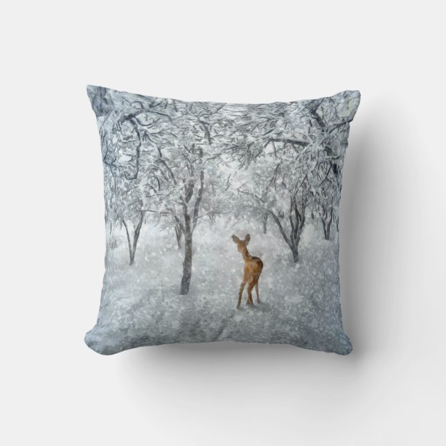 Doe i Silver Vinter Snö Fall Vattenfärg Kudde (Framsida)