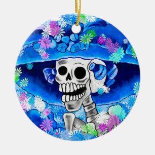 Döende Skeleton-kvinnor i Blue Bonnet på Blue Julgransprydnad Keramik