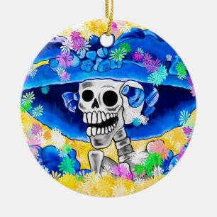 Döende Skeleton-kvinnor i Blue Bonnet på Gult Julgransprydnad Keramik