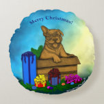 Doft i A-boxen, God jul Rund Kudde<br><div class="desc">Lucky Little Hund i Giftbox,  God jul! ~~~ Puppy in A Box ,  God jul ~ färgpenna teckning by Krisi ArtKSZP ~~ Store Category >>>> Hund - Hund >> Puppy in A Box God jul</div>