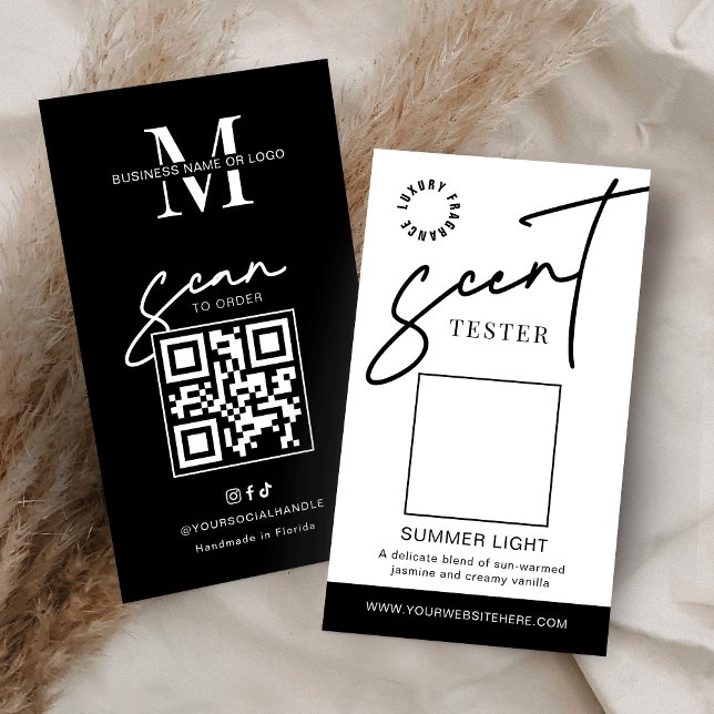 Doftprovkort för ljus och dofttest visitkort (Minimalist scent sample cards in black and white with space for your logo and QR code)