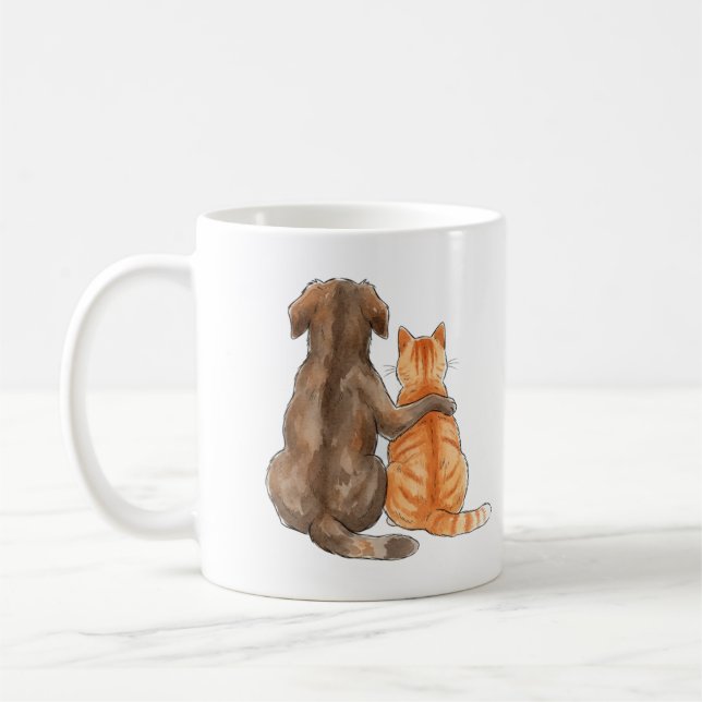Dog and Cat Friendship Watercolor Kaffemugg (Vänster)