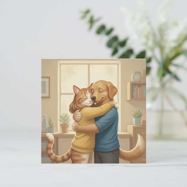 Dog and Cat Hug Square Invitation Inbjudningar (Stående Fram)