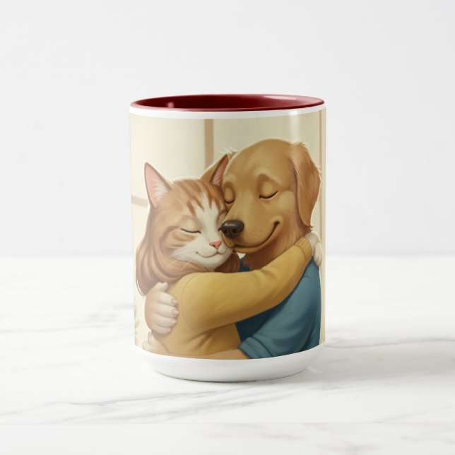 Dog and Cat Hug Wrap-Around Two-Tone Mug Mugg (Center)
