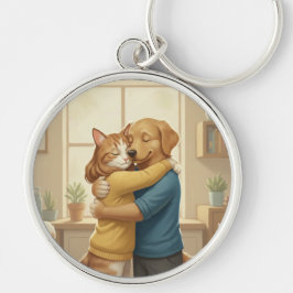 Dog and Cat Hugging Keychain Rund Silverfärgad Nyckelring