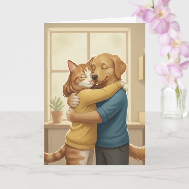 Dog and Cat Hugging Romantic Greeting Card Kort (Orkide)