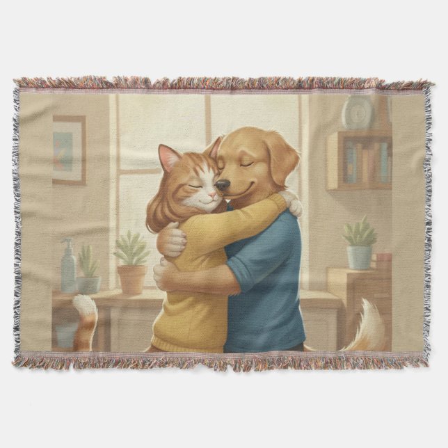 Dog and Cat Hugging Whimsical Woven Throw Blanket Filt (Framsidan)