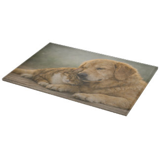 Dog and Cat Resting Together Glass Cutting Board
