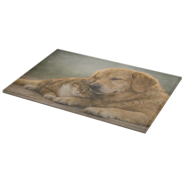 Dog and Cat Resting Together Glass Cutting Board (Hörn)