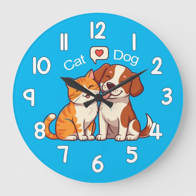 Dog and Cat Wall Clock – Cute Pets Animal Home Dec Stor Klocka (Framsida)