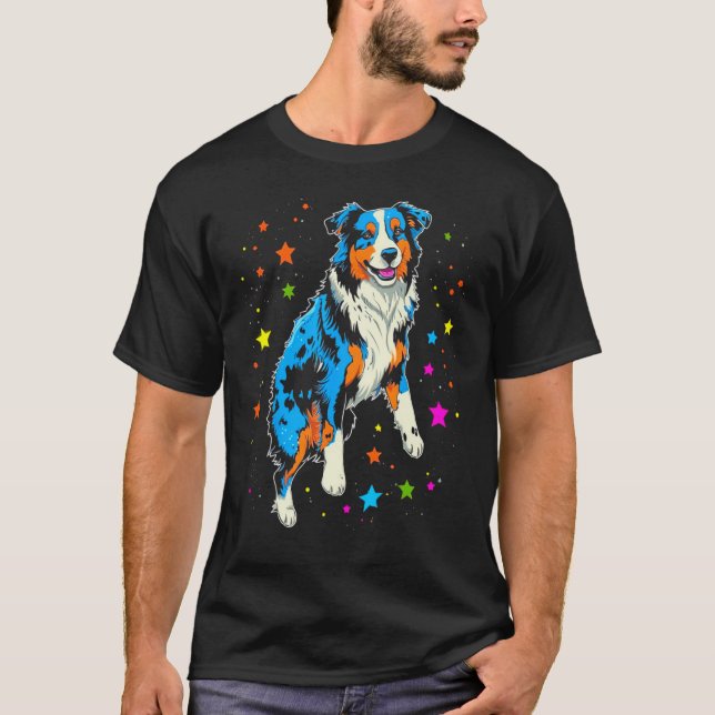 Dog Australian Shepherd Galaxy Space Cosmos Planet T Shirt (Framsida)
