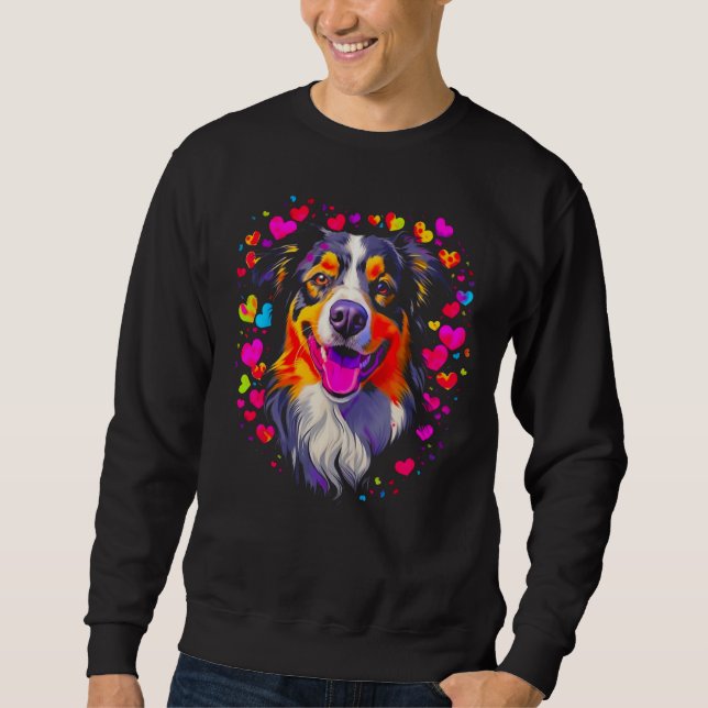 Dog Australian Shepherd Pink Red Hearts Lång Ärmad Tröja (Framsida)