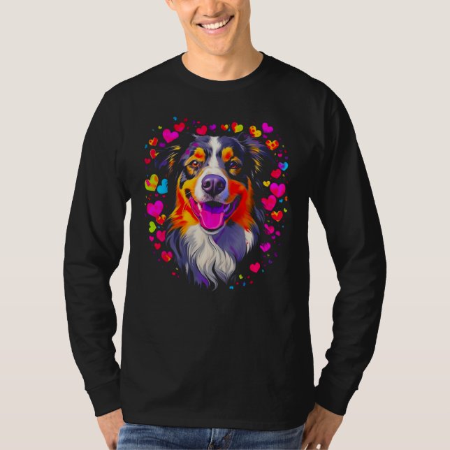 Dog Australian Shepherd Pink Red Hearts T Shirt (Framsida)