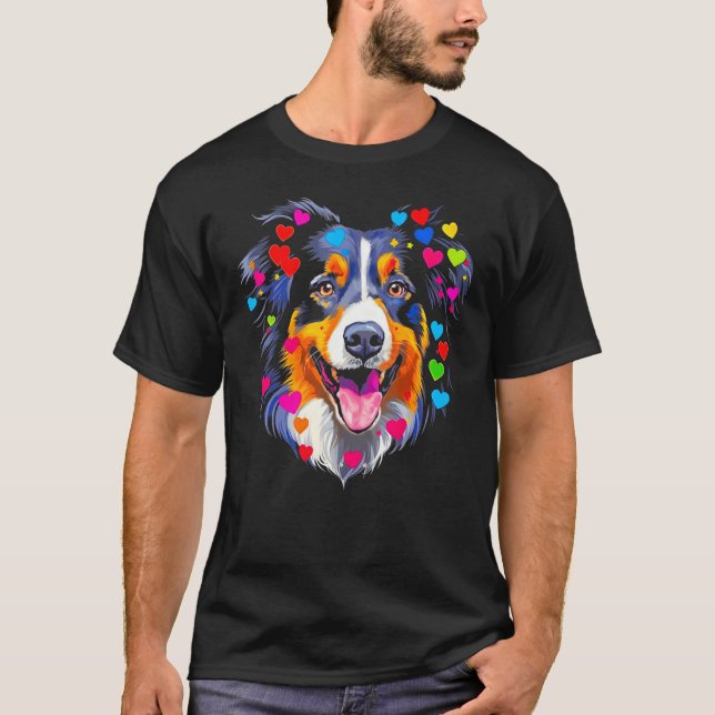 Dog Australian Shepherd Red Blue Pink Heart T Shirt (Framsida)