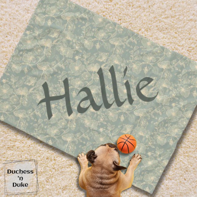 Dog Blanket - Sage Green Botanical, Personalized Fleecefilt (Personalized Sage Green Botanical Dog Blanket on ivory carpet and puppy with toy basketball)