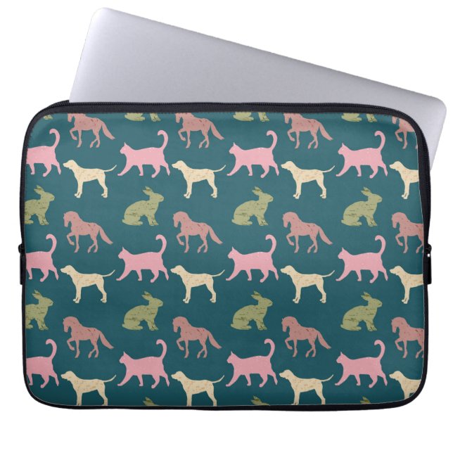 Dog Cat Horse Animal Silhouettes Pattern Laptop Fodral (Framsidan)