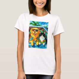 Dog & Cat Vacation Duo – Tropical Road Trip Art T Shirt
