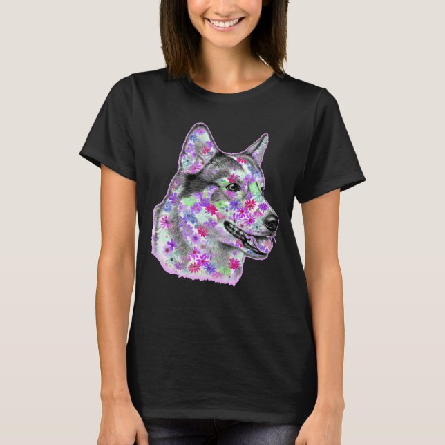 Dog Face Portrait Artwork Flower Floral  Siberian  T Shirt (Framsida)