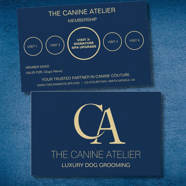 Dog Grooming Business Card Atelier Blue & Gold Visitkort (Dog grooming business card for luxury grooming business. Works as  membership and loyalty card)